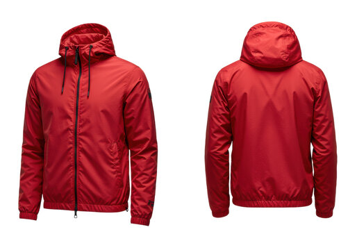 A vibrant cardinal red matte nylon windbreaker jacket styled on an invisible mannequin, featuring ripstop texture and stitching, isolated on a transparent background with copy space concept for