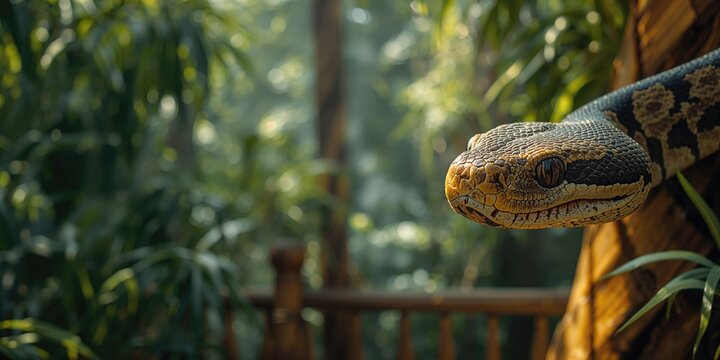 Burmese Python's head and scales detailed view on a wooden railing, highlighting skin pattern and habitat, wildlife conservation