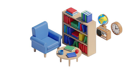 Cozy Isometric Room Scene With Blue Armchair Bookshelf Globe Clock And Radio On A Transparent Background