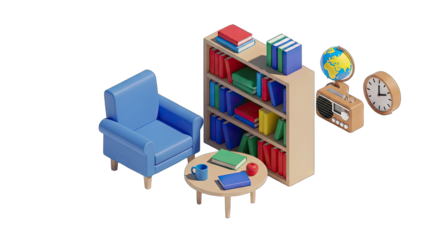 Cozy Isometric Room Scene With Blue Armchair Bookshelf Globe Clock And Radio On A Transparent Background