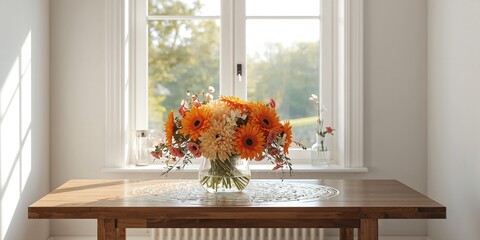 Cozy interior design with a bouquet of flowers near the window, ideal for enhancing natural light and ambiance