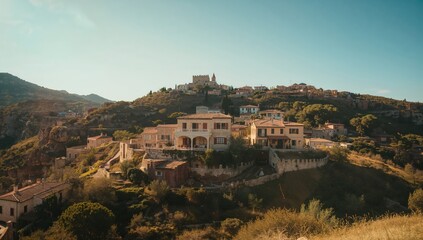 A peaceful countryside scene in Mallorca with rustic buildings and vibrant plant life, ideal for tourism backgrounds