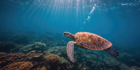 Hawksbill sea turtle navigating coral reef environment, marine conservation awareness