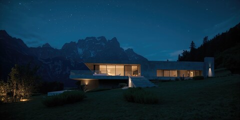 Fototapeta premium Night scene of a contemporary concrete residence, highlighting urban architectural features and exterior lighting