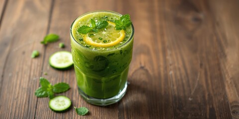 Fototapeta premium Green healthy detox, lemon and parsley juice, fiber-rich beverage for cleansing