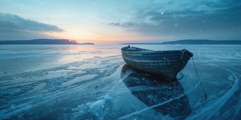 Ice-covered fishing vessel resting on frozen lake surface, winter scene, shoreline in the distance