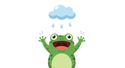 Fototapeta premium A happy green frog character is enjoying the rain from a small blue cloud with its mouth open and arms raised in joy.