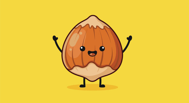 A cute and happy hazelnut character with a big smile and open arms standing against a bright solid yellow background.