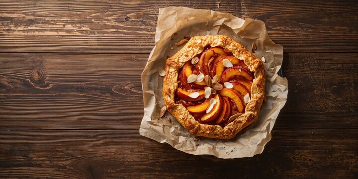 Overhead of a rustic wooden table with a homemade peach and nectarine galette topped with almond petals, seasonal fruit use