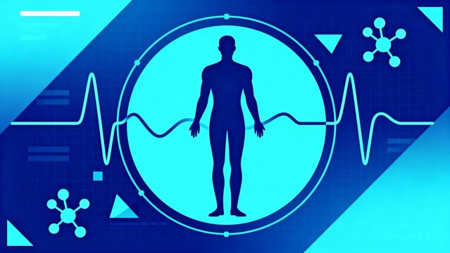 Blue medical interface showing a human body silhouette inside a circular frame with an ECG waveform across the screen, symbolizing healthcare monitoring, diagnostics, biometrics, and digital wellness.