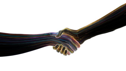 Two hands meeting in a handshake, formed by flowing, colorful, abstract lines