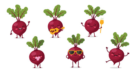 Collection of cute beetroot vegetable characters showing various emotions and activities like dancing singing and wearing sunglasses.