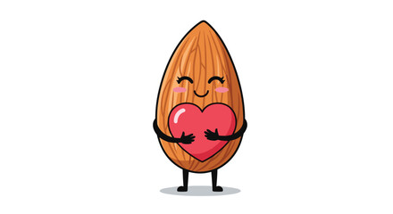 Lovely cartoon almond nut character with blushing cheeks and a happy expression hugging a large red heart showing love and care.