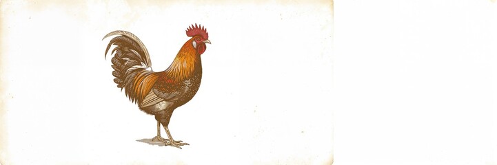 Vintage-style rooster engraving, detailed chicken drawing, farm bantam motif, created by hand on a white backdrop, highlighting artisanal technique