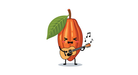 Adorable cacao pod character with a single green leaf happily playing an acoustic guitar and singing with musical notes floating around.