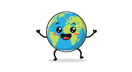 Cheerful and adorable planet Earth character mascot with big eyes and a happy smile jumping and dancing on an isolated background.
