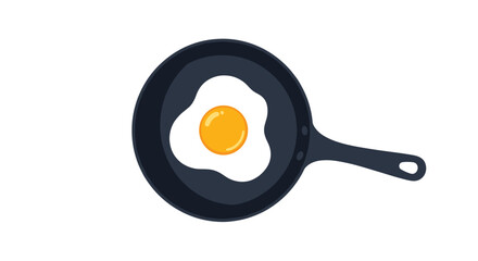 Simple flat design illustration of a perfectly cooked sunny-side-up fried egg sizzling in a black cast iron frying pan.