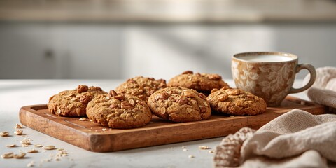 Homemade oatmeal cookies with banana, oats, and nuts on a wooden tray paired with milk, fiber-dense snack choices, World Food Day