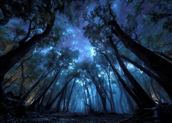 Tall trees stretch towards the heavens in a deep blue-toned forest, illuminated by faint starlight. Nature's calm surrounds a serene night, inviting exploration and wonder.