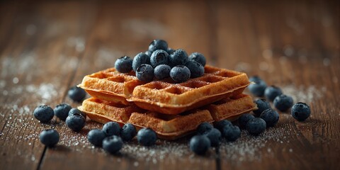 Closeup of waffles with blueberries, highlighting breakfast dish and fruit garnish