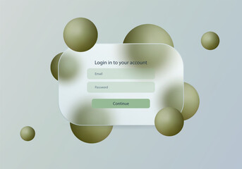 Glass login form with olive spheres on soft light background