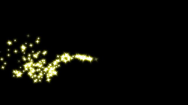 Glowing sparkle star animation, dust light particles trail, particles stars trail transition on black background. Christmas shiny glowing particles trail