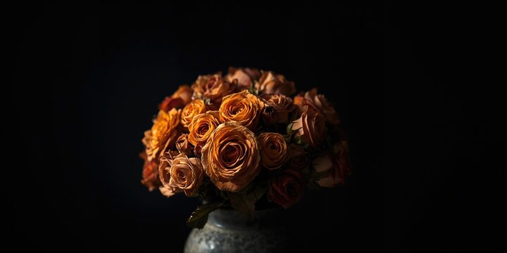 Close-up of a multicolored dried rose bouquet in a ceramic retro vase used as a decorative floral arrangement, Earth Day - Powered by Adobe