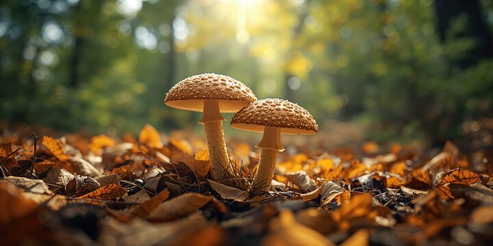 Close-up of parasol mushroom surface amid forest scenery, highlighting organic textures and natural setting, Earth Day