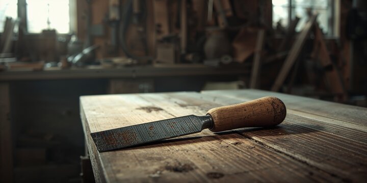 Detailed view of a vintage chisel placed on a woodworking bench, highlighting tool upkeep and craftsmanship, National Maintenance Awareness Month - Powered by Adobe