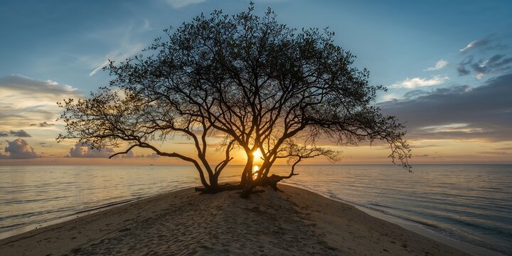 Avicennia officinalis trees and a cloudy sunrise sky on a Thai tropical beach, coastal vegetation and weather patterns - Powered by Adobe
