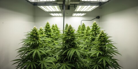 Indoor medicinal cannabis farm with fully developed buds under grow lights, plant health and cultivation practices