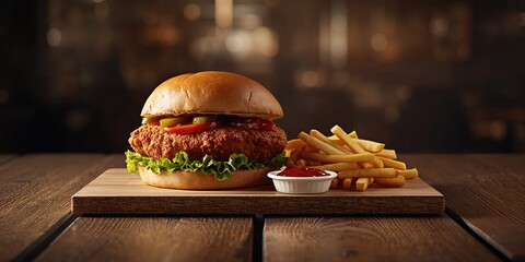 Chicken burger with crispy French fries and ketchup, highlighting casual dining, World Nutrition Day