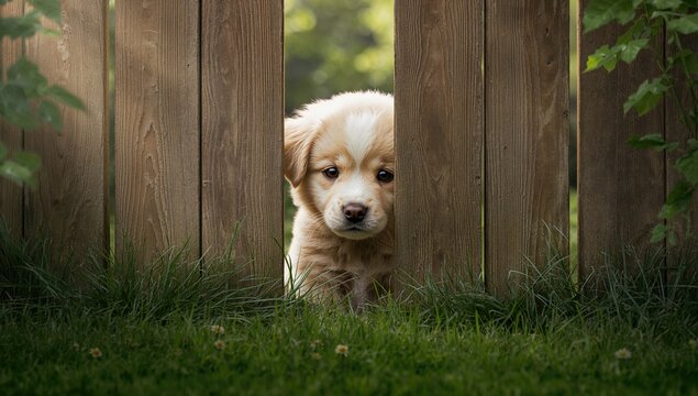 A hesitant puppy positions itself near a fence, highlighting timidity in animals, World Animal Day