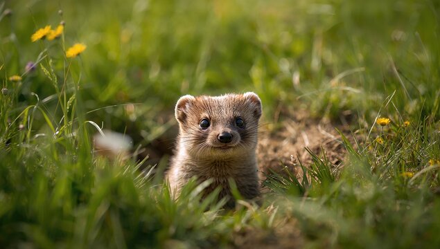 Mustela erminea emerging from underground burrow while searching for prey, highlighting predator activity