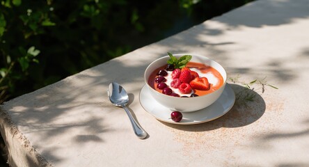 A bowl of fruit cream soup highlighting smooth consistency and vibrant fruit pieces, ideal for a refreshing snack or starter, World Food Day