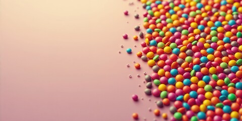 Bright rainbow-hued candy buttons aligned on a multicolored smarties backdrop, ideal for editorial header backgrounds