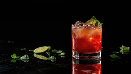 Mixed drink with ice and lime on a dark surface in a restaurant, emphasizing beverage presentation for social occasions