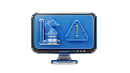 Computer Monitor Displaying Chess Knight and Warning Sign