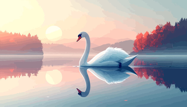 A majestic white swan gracefully glides on a serene lake at sunrise, reflecting in the calm water with colorful trees in the background.