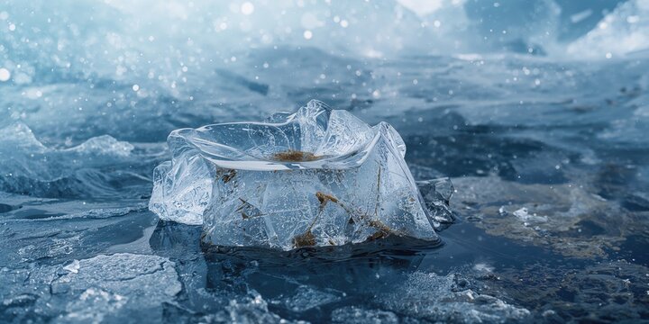 Detailed view of ice formations and river rocks during spring thaw along the Yukon River, natural erosion risk