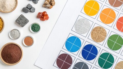 The image features various natural materials and colored powders arranged neatly alongside a color chart, showcasing creativity and texture.