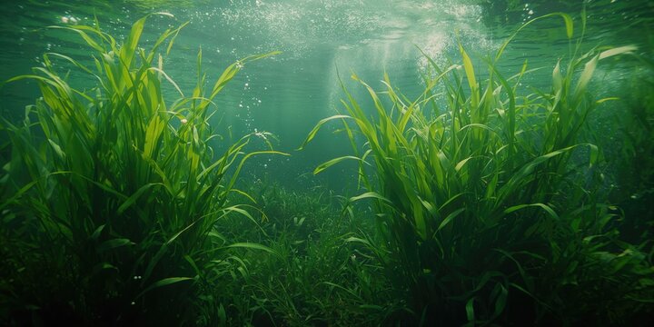 Underwater scene featuring water weeds and lush green flora, environmental conservation focus