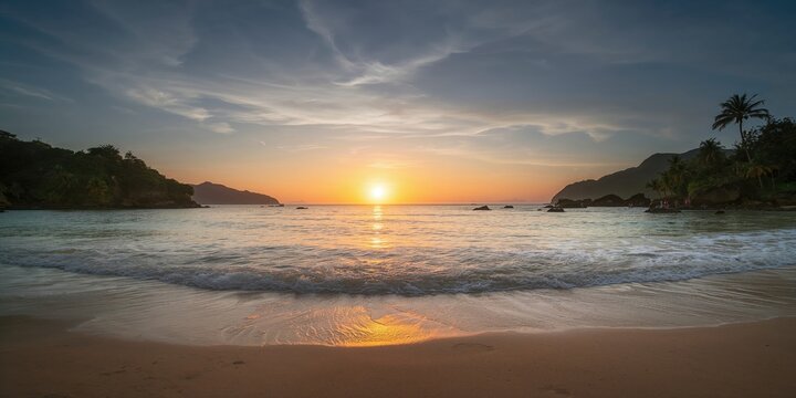 Sunset over the Azedinha Beach shoreline in Buzios, with vibrant sky colors, ideal for background design, Earth Day
