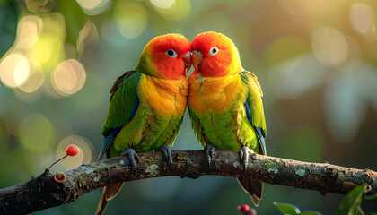 Two vibrant lovebirds with colorful plumage perched closely on a branch in a lush, sunlit natural environment.