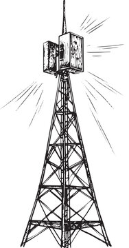 Old vintage radio tower broadcast transmitter sketch engraving vector illustration. Scratch board style imitation. Black and white hand drawn image.