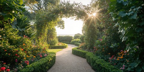 A garden path surrounded by lush greenery, ideal for outdoor relaxation
