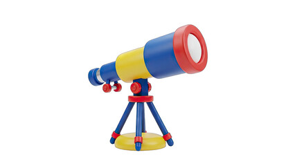 Colorful Childrens Cartoon Telescope On A Tripod Stand With Red Blue And Yellow Colors Isolated On Black Background For Science Exploration And Discovery