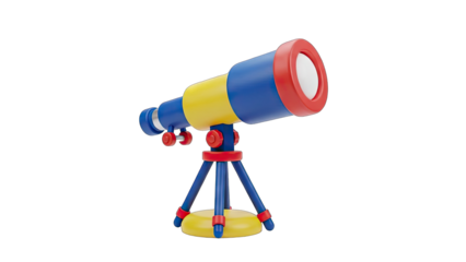 Colorful Childrens Cartoon Telescope On A Tripod Stand With Red Blue And Yellow Colors Isolated On Black Background For Science Exploration And Discovery