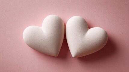 Fototapeta premium Two white soft hearts on pink background representing love, romance, care and emotional connection ideal for valentine and relationship concepts 