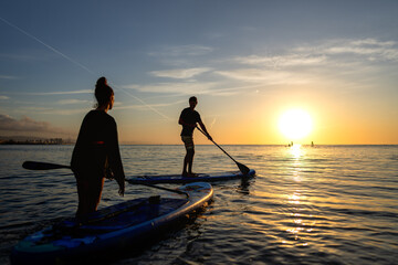 Fototapeta premium Group enjoying paddle boarding in sunset light reflects an active holiday filled with adventure